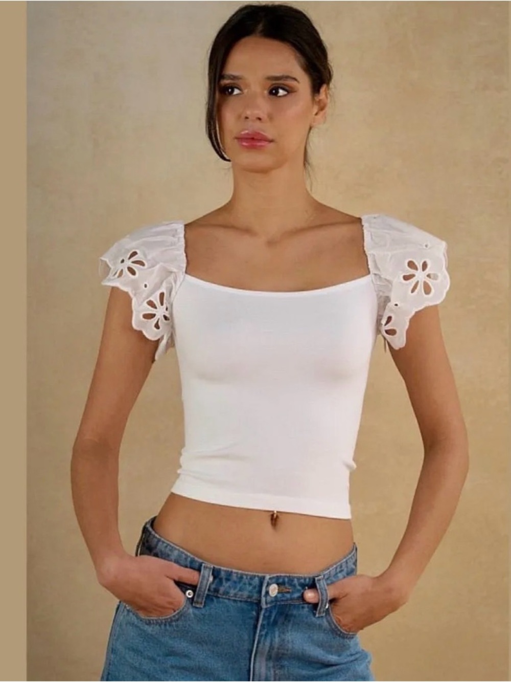 Eyelet Puff Sleeve Crop Top White NWT | ANWND | M/L